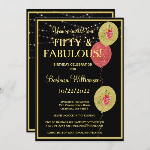 Fifty  Fabulous Birthday Black Gold  Invitation