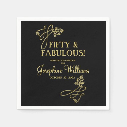 Fifty  Fabulous Birthday Black Gold     Napkins