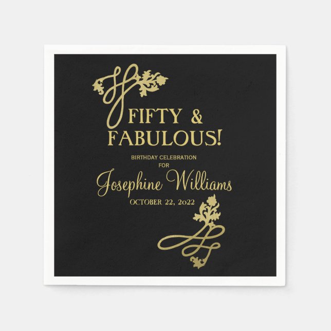 Fifty & Fabulous Birthday Black Gold     Napkins (Front)