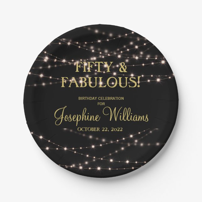 Fifty & Fabulous Birthday Black Gold  Paper Plates (Front)