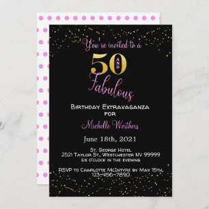 Fifty & Fabulous Birthday Black Pink Gold Glitter Invitation
