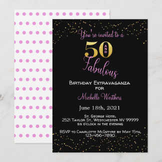 Fifty & Fabulous Birthday Black Pink Gold Glitter Invitation