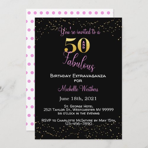 Fifty  Fabulous Birthday Black Pink Gold Glitter Invitation