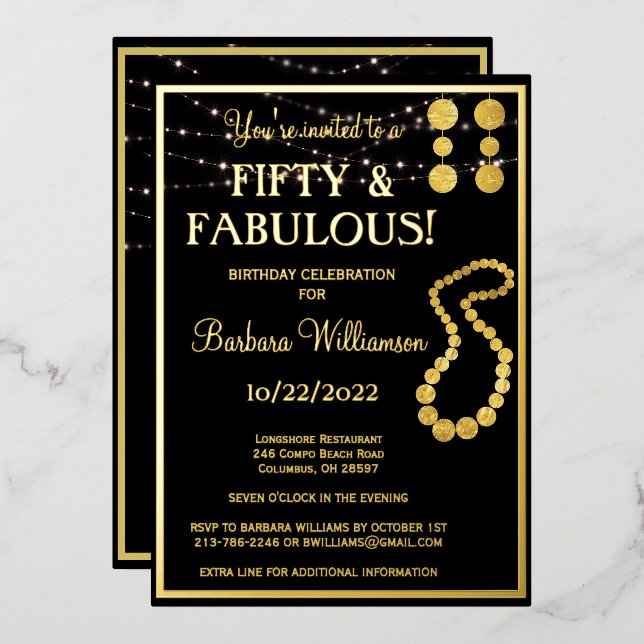 Fifty & Fabulous Birthday Black REAL Gold   Foil Invitation (Front/Back)