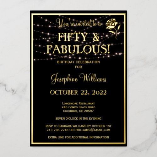 Fifty  Fabulous Birthday Black REAL Gold   Foil Invitation