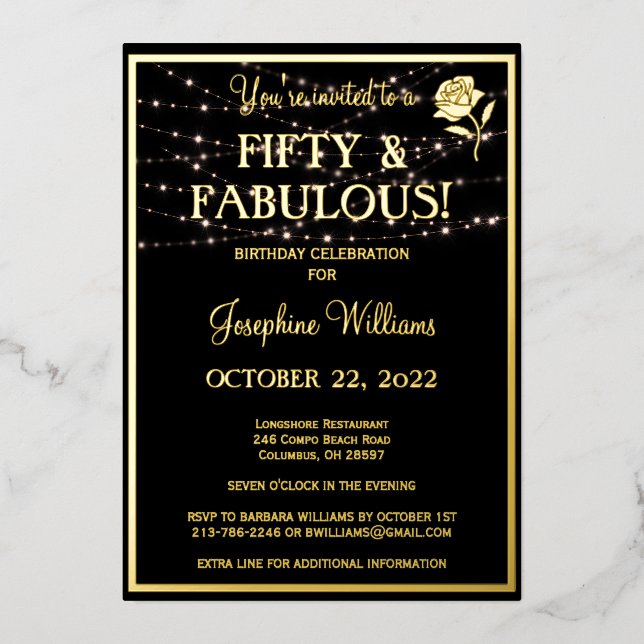 Fifty & Fabulous Birthday Black REAL Gold   Foil Invitation (Front)