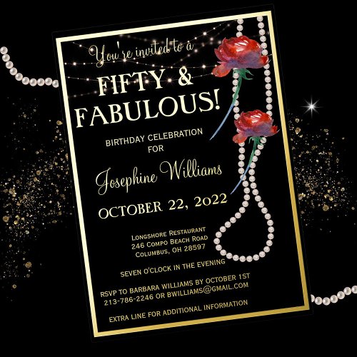 Fifty  Fabulous Birthday Black REAL Gold  Foil Invitation