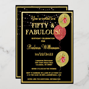 Fifty & Fabulous Birthday Black REAL Gold Foil Invitation
