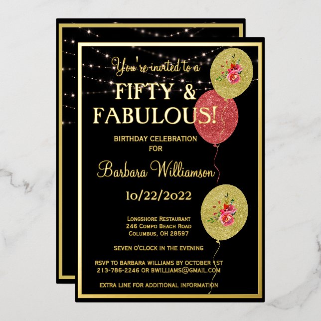Fifty & Fabulous Birthday Black REAL Gold   Foil Invitation (Front/Back)