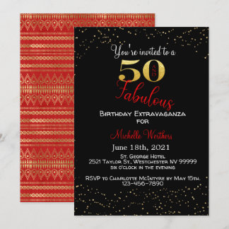 Fifty & Fabulous Birthday Black Red Gold Glitter Invitation