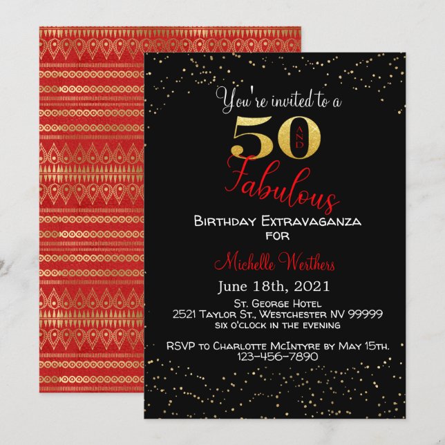 Fifty & Fabulous Birthday Black Red Gold Glitter Invitation (Front/Back)
