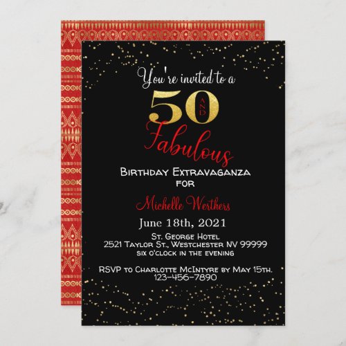 Fifty  Fabulous Birthday Black Red Gold Glitter Invitation