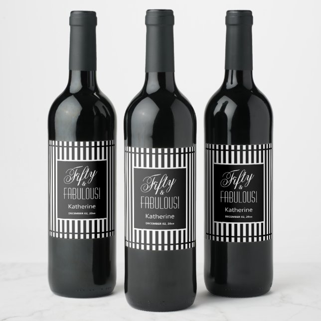 Fifty & FABULOUS! Birthday Black & White Affair Wine Label (Bottles)
