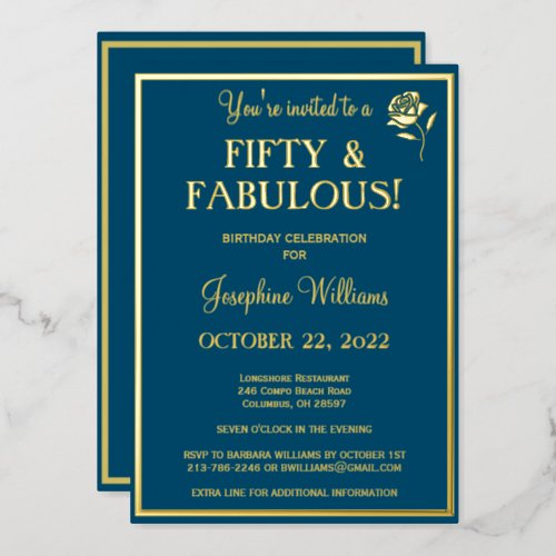 Fifty  Fabulous Birthday Blue REAL Gold   Foil Invitation