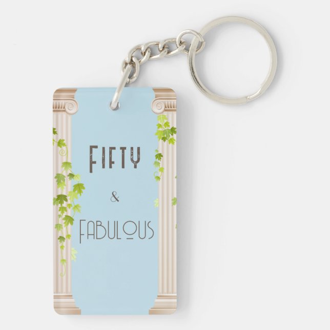 Fifty Fabulous Birthday Elegant Greek Theme Blue Keychain (Back)