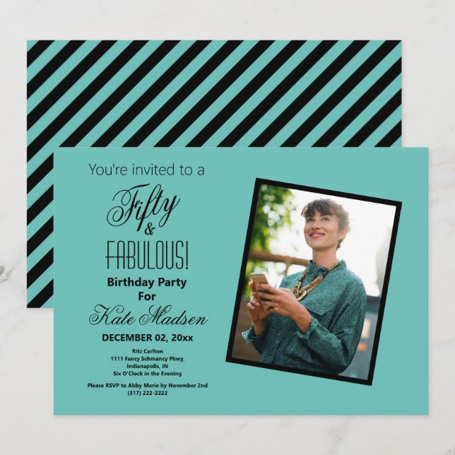 Fifty & FABULOUS Birthday Party Teal Black Photo Invitation (Front/Back)