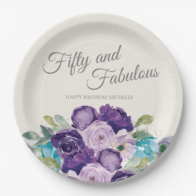 Fifty Fabulous Birthday Purple Blue Floral White Paper Plates (Front)