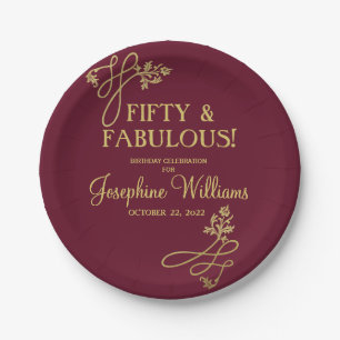Fifty & Fabulous Birthday Red Gold Paper Plates
