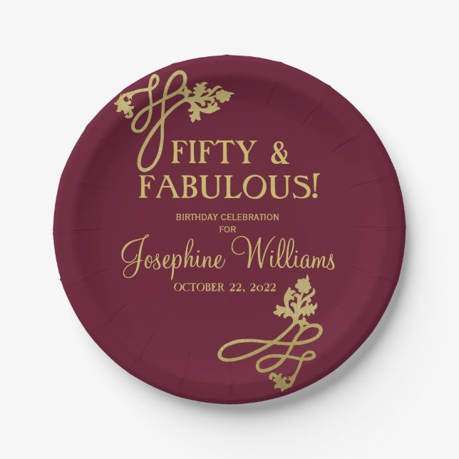 Fifty & Fabulous Birthday Red Gold Paper Plates (Front)