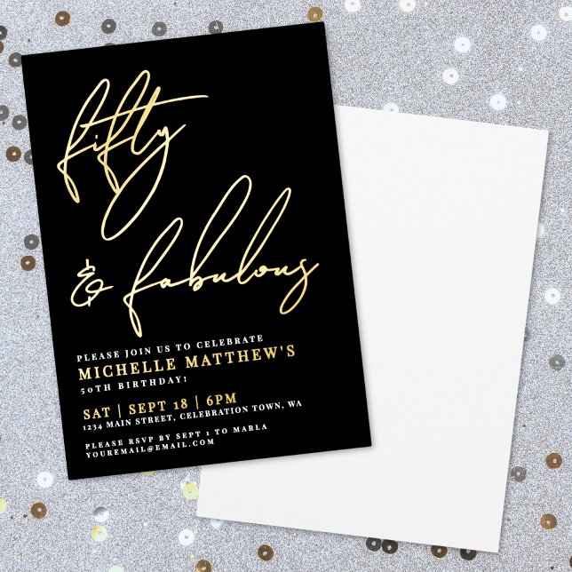 Fifty Fabulous Black 50th Birthday Gold Foil Invitation (Fifty Fabulous Black 50th Birthday Gold Foil Invitation)