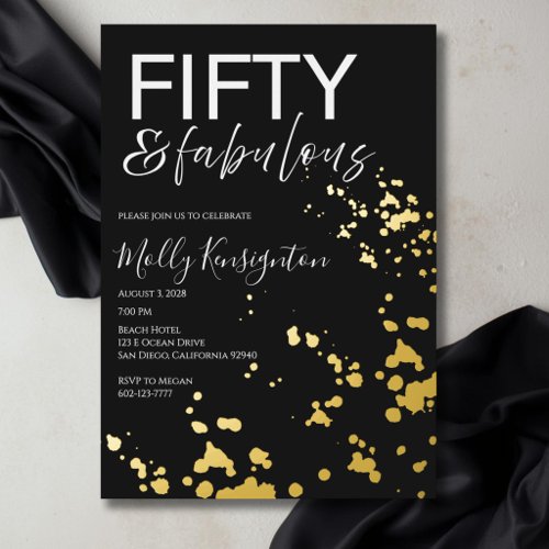 Fifty &amp; Fabulous Black and Gold Birthday Foil  Invitation