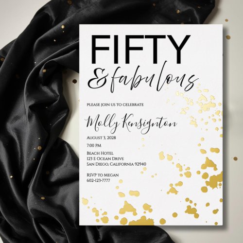 Fifty &amp; Fabulous Black and Gold Birthday Foil Invitation