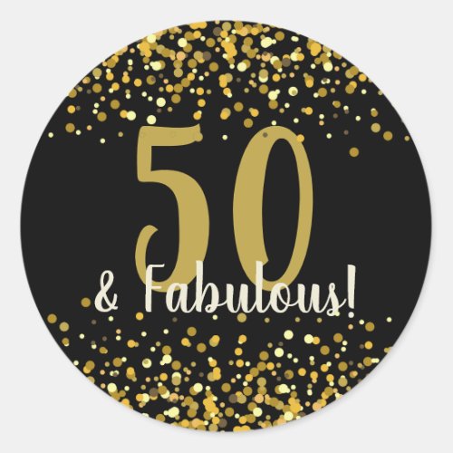 Fifty  Fabulous Black and Gold Confetti Birthday Classic Round Sticker