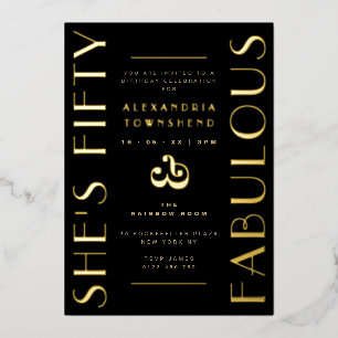 Fifty & Fabulous Black Art Deco 50th Birthday Foil Invitation