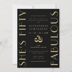 Fifty & Fabulous Black Art Deco 50th Birthday Invitation