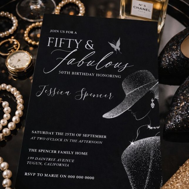 Fifty & Fabulous Black Glam 50th Birthday Invitation (Creator Uploaded)