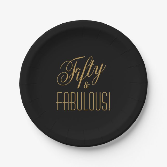Fifty & FABULOUS! Black & Gold 50th Birthday Paper Plates (Front)
