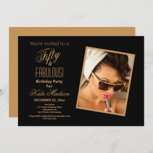 Fifty  FABULOUS Black  Gold 50th Birthday Party Invitation