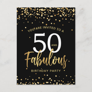 Fifty & Fabulous Black & Gold Birthday Invitation Postcard