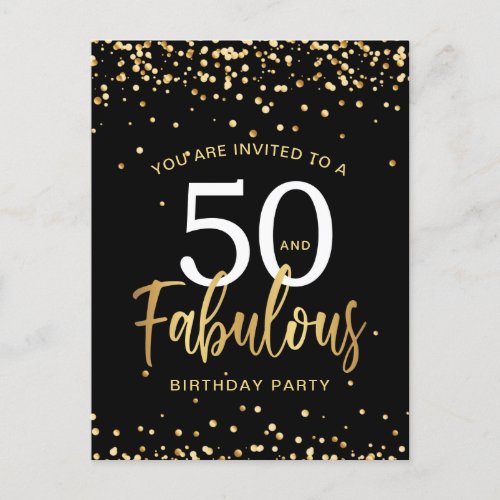Fifty  Fabulous Black  Gold Birthday Invitation Postcard