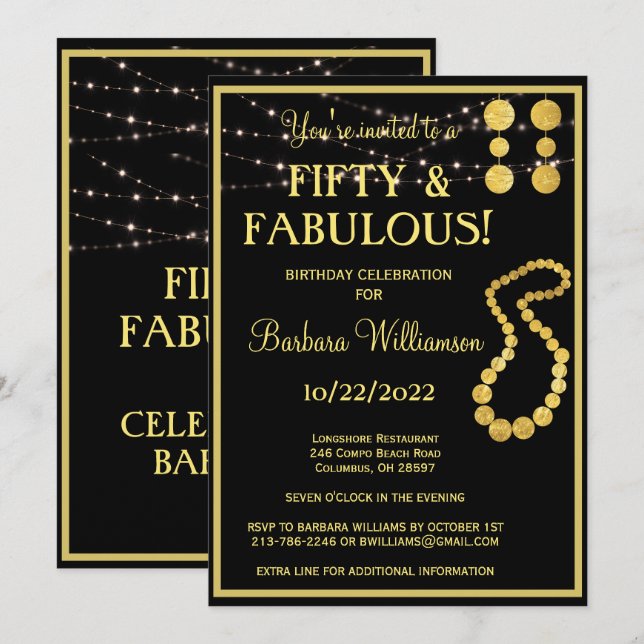 Fifty & Fabulous Black Gold Birthday Party Invitation (Front/Back)