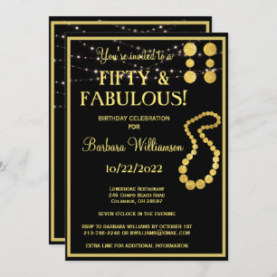 Fifty & Fabulous Black Gold Birthday Party Invitation