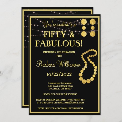 Fifty  Fabulous Black Gold Birthday Party Invitation