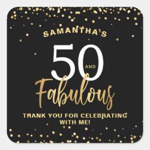 Fifty & Fabulous Black & Gold Birthday Square Sticker