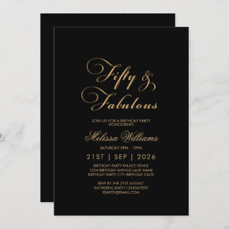 Fifty & Fabulous Black Gold Elegant Birthday Invitation