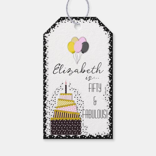 Fifty  Fabulous Black Gold  Pink Cake  Balloons Gift Tags