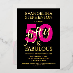 Fifty Fabulous Black Gold Pink Photo 50th Birthday Foil Invitation