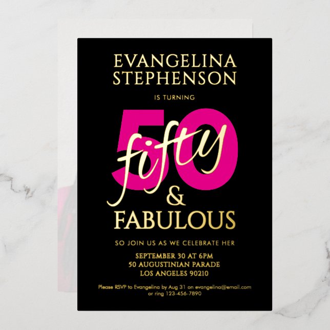 Fifty Fabulous Black Gold Pink Photo 50th Birthday Foil Invitation (Front/Back)