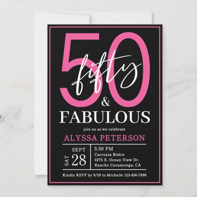 Fifty & Fabulous Black Script 50th Birthday Invitation (Front)