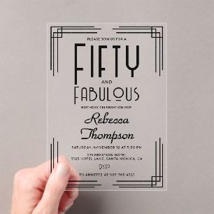 Fifty Fabulous Black White Art Deco 50th Birthday Acrylic Invitations