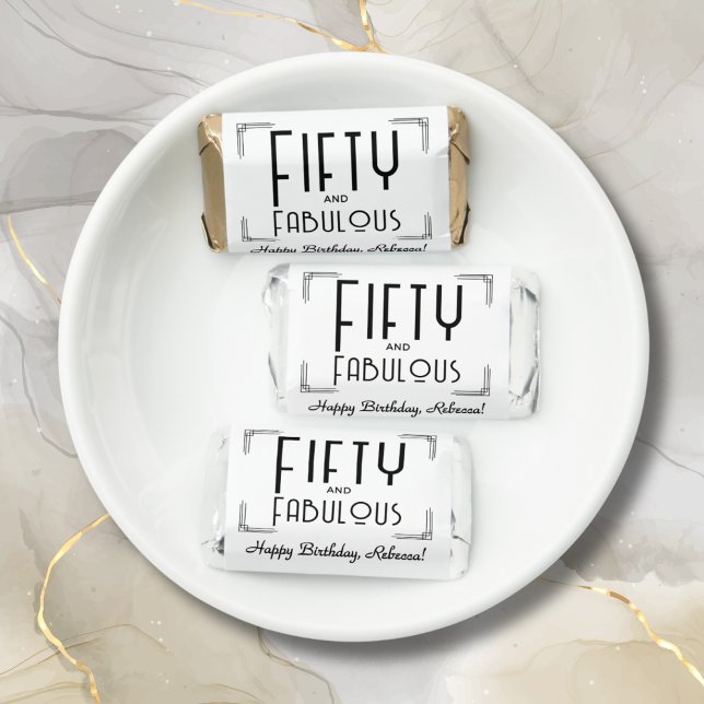 Fifty Fabulous Black White Art Deco 50th Birthday Hershey's Miniatures (Fifty and Fabulous Black and White Art Deco 50th Birthday Hershey's Miniatures Favors with her name.)