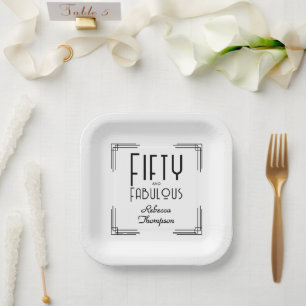 Fifty Fabulous Black White Art Deco 50th Birthday Paper Plates