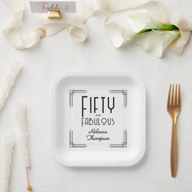 Fifty Fabulous Black White Art Deco 50th Birthday Paper Plates (Wedding)