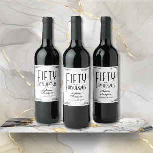 Fifty Fabulous Black White Art Deco 50th Birthday Wine Label