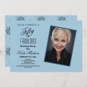 Fifty & FABULOUS Blue Floral Photo Birthday Party Invitation