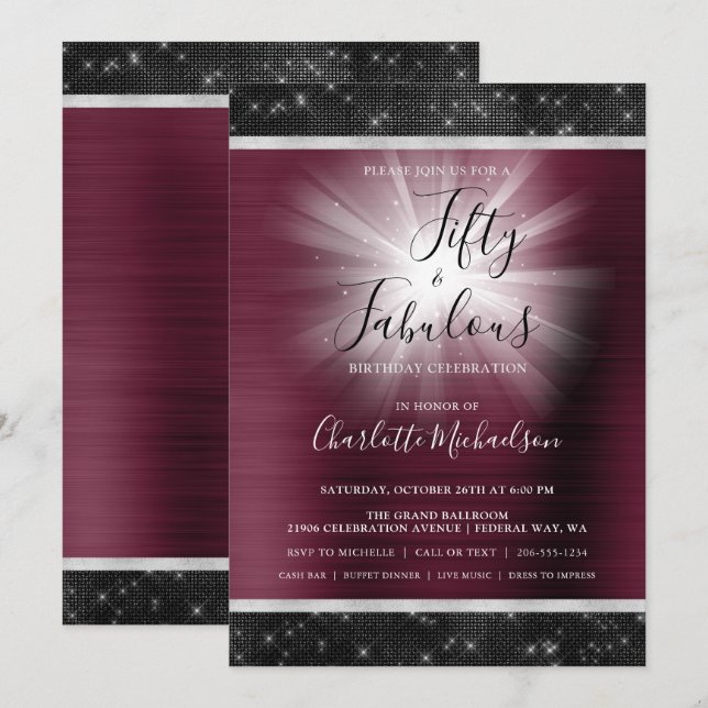 Fifty & Fabulous Burgundy Black Sparkle Glam Invitation (Front/Back)